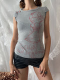 Grey & red graphic tee with button detail