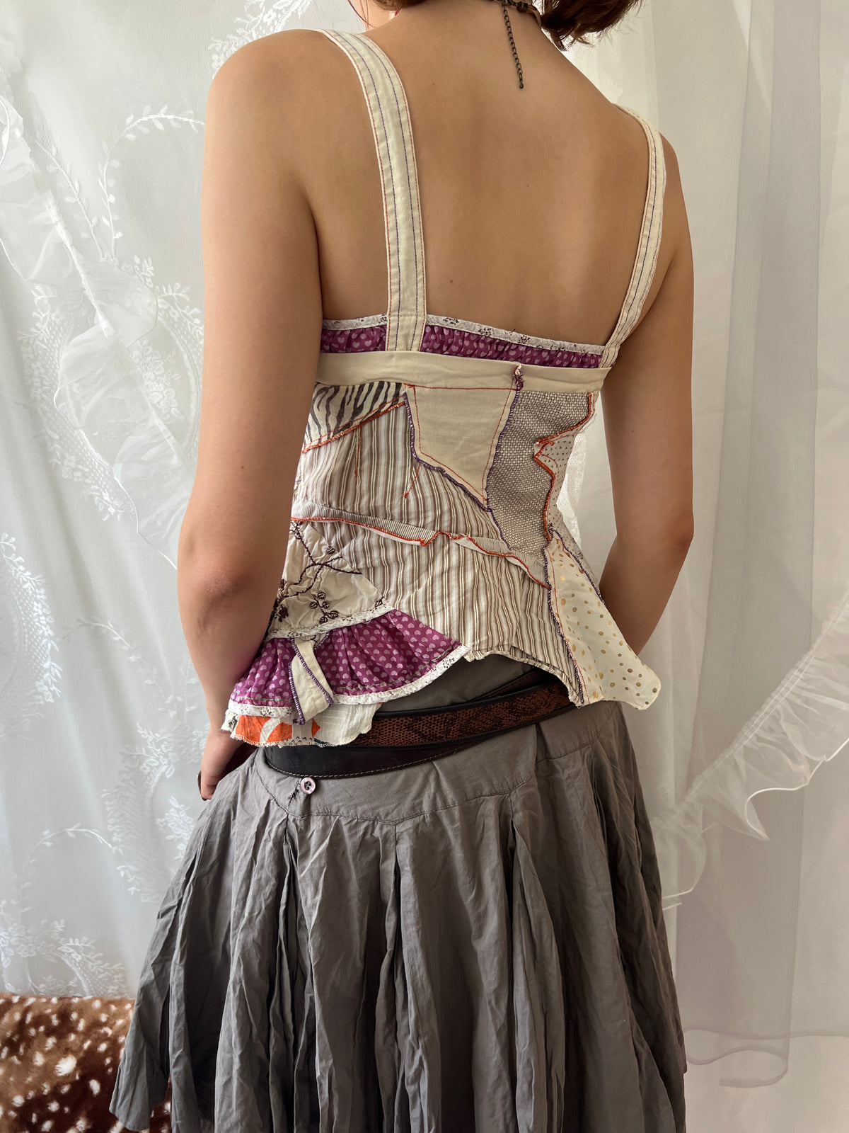 Fairy core patchwork asymmetrical tank top with ruffles and tie up detail