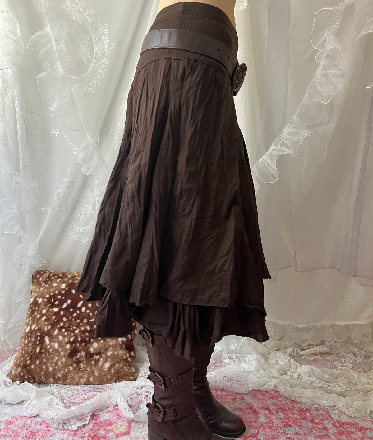 Brown midi skirt with ruffles