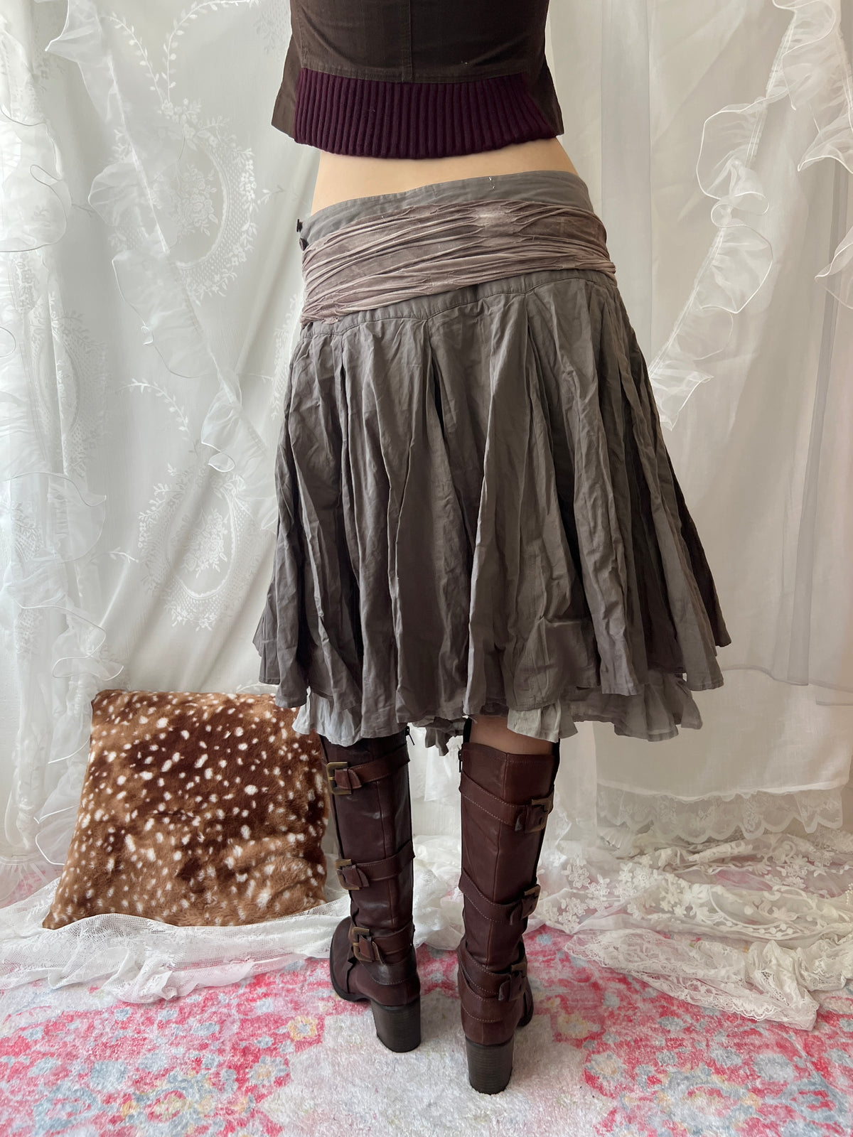 Brown pleated midi skirt with ruffle trim