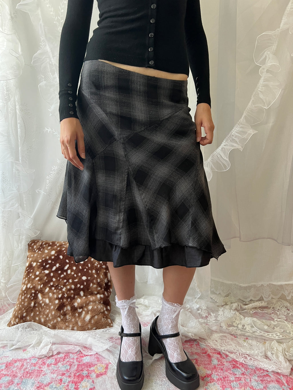 Black & grey plaid midi skirt with ruffles and a flowy hem