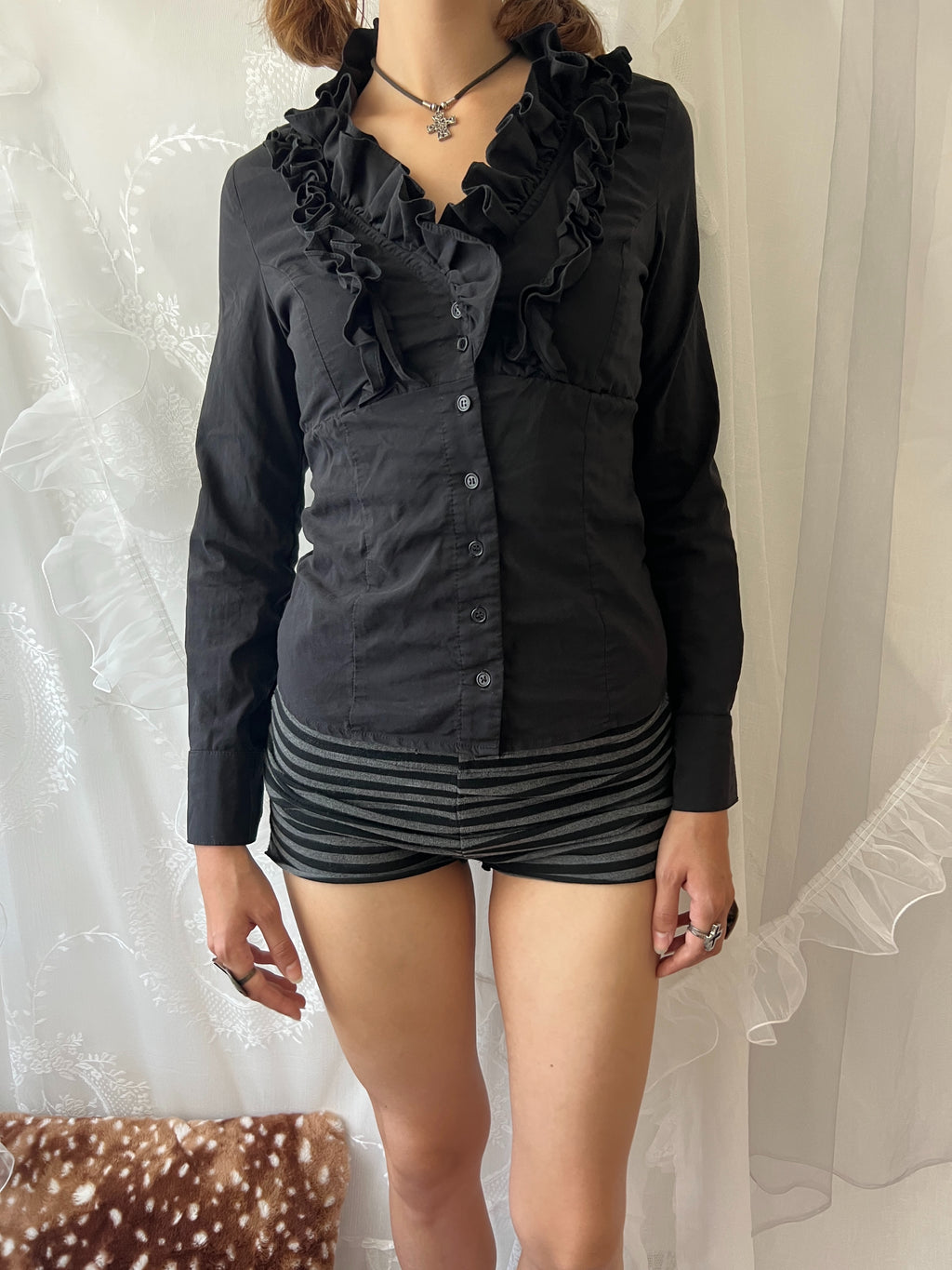 Black ruffle blouse with button up front and long sleeves