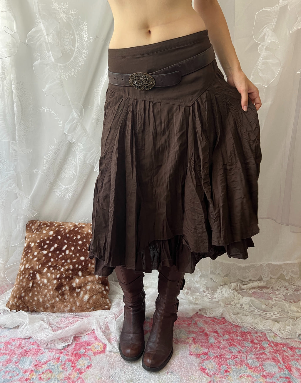 Brown midi skirt with ruffles