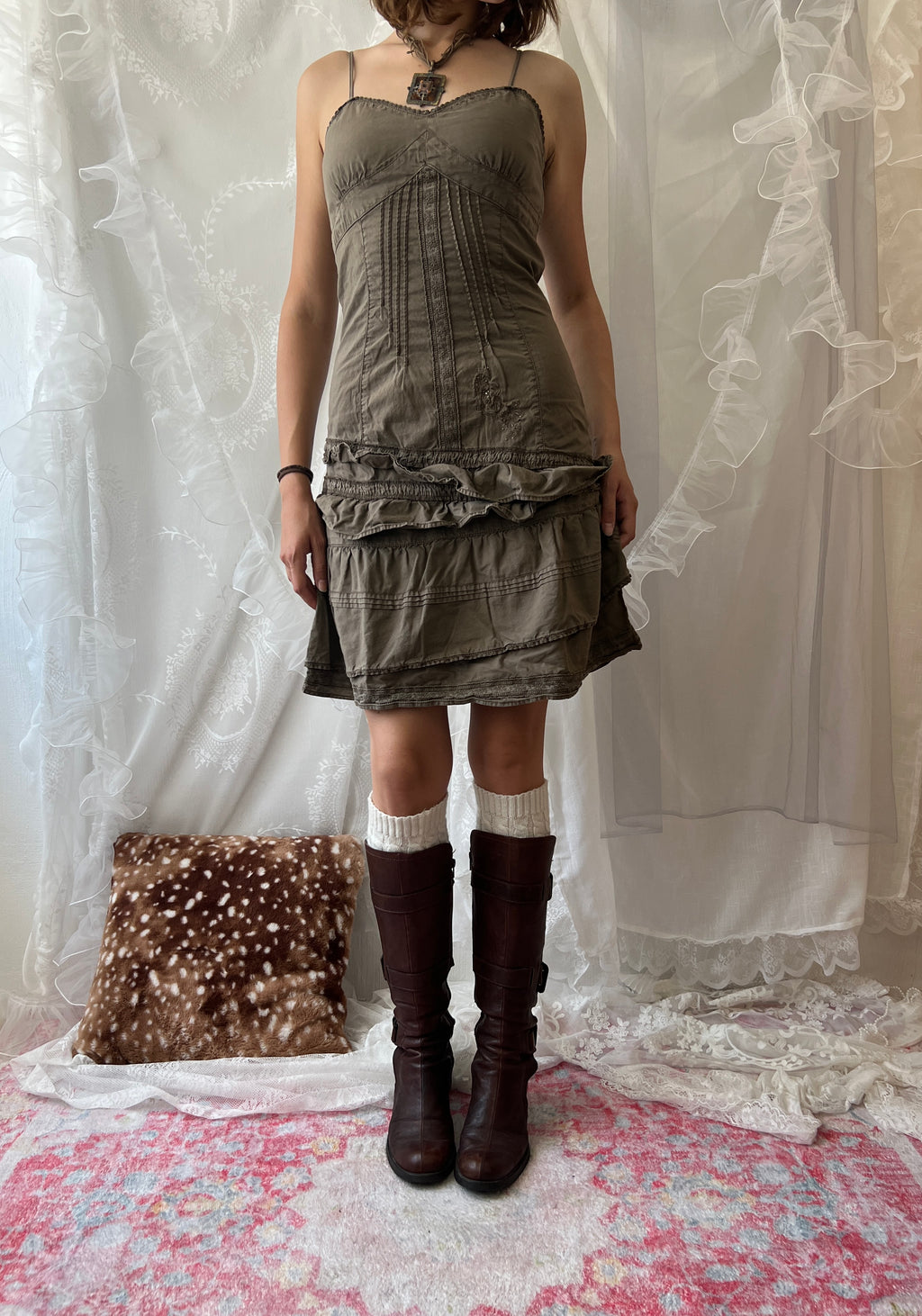 Khaki green mini dress with ruffles