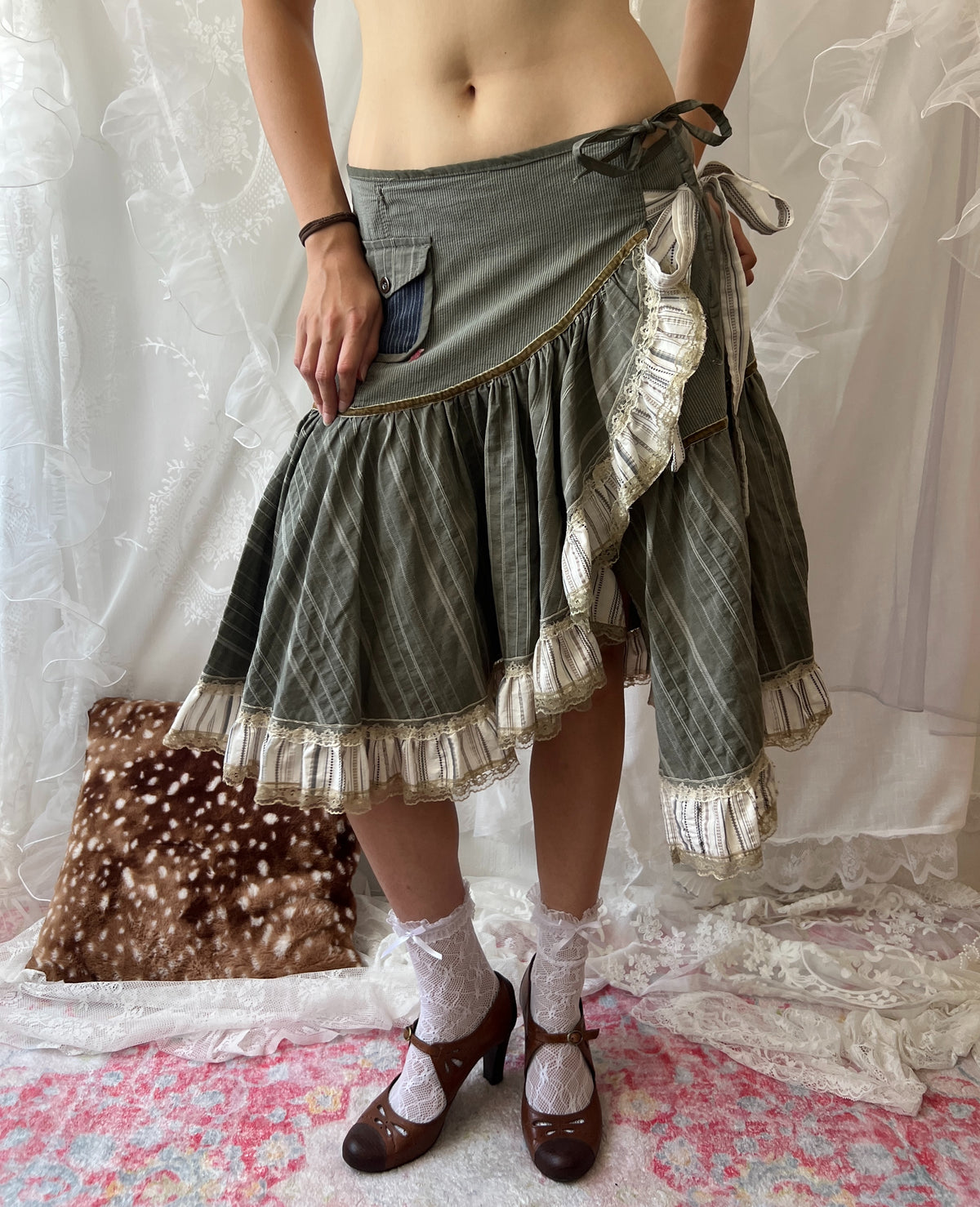 Y2K green asymmetrical striped layered ruffle midi skirt with tie waist