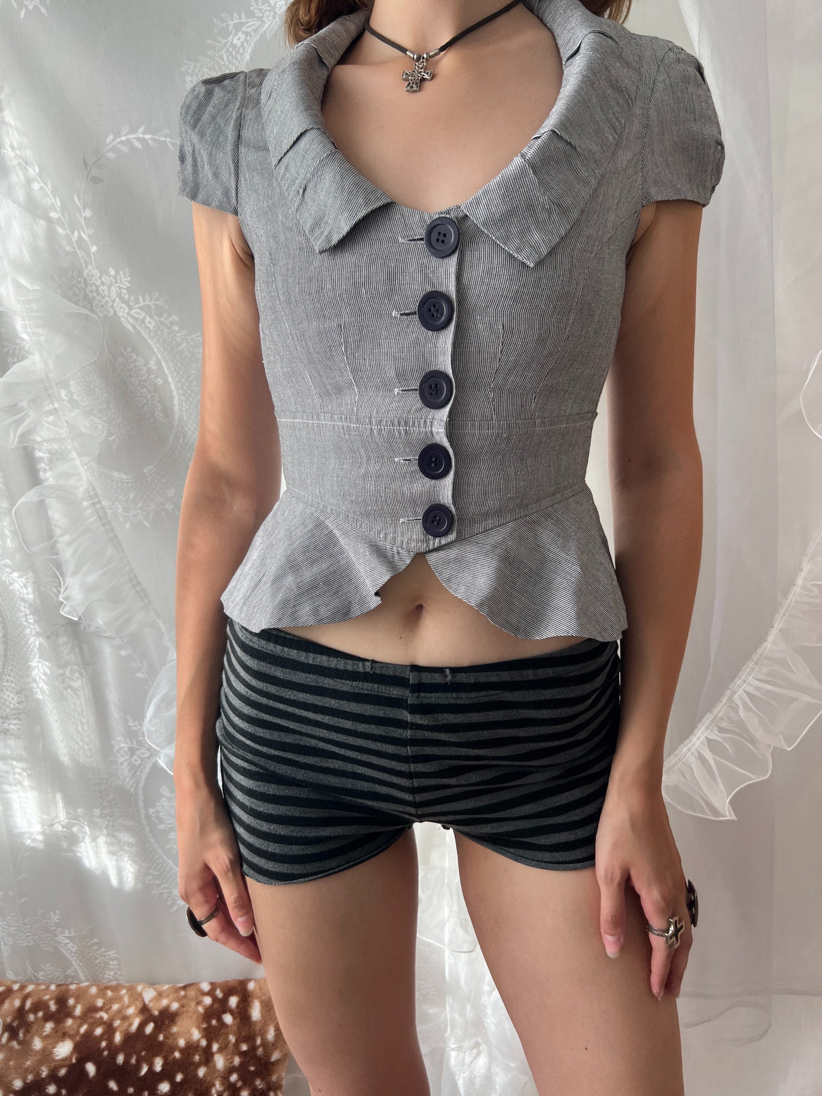 Y2K grey button up blazer jacket with ruffle details
