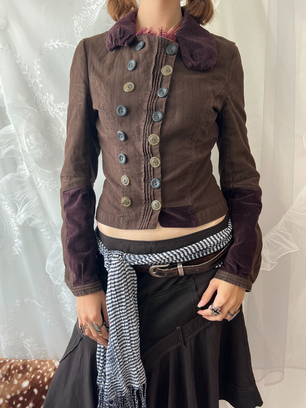 Brown double buttoned asymmetrical avant garde jacket