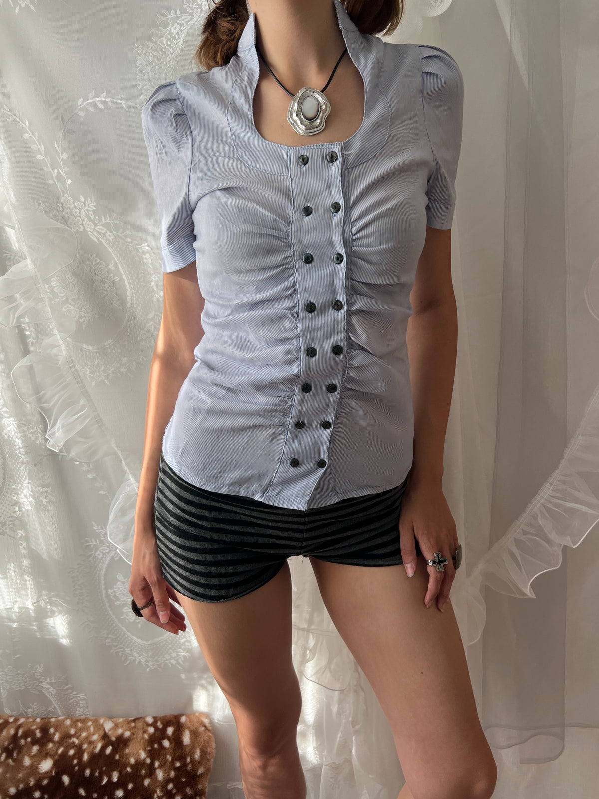 Vintage blue button up top with ruched detailing