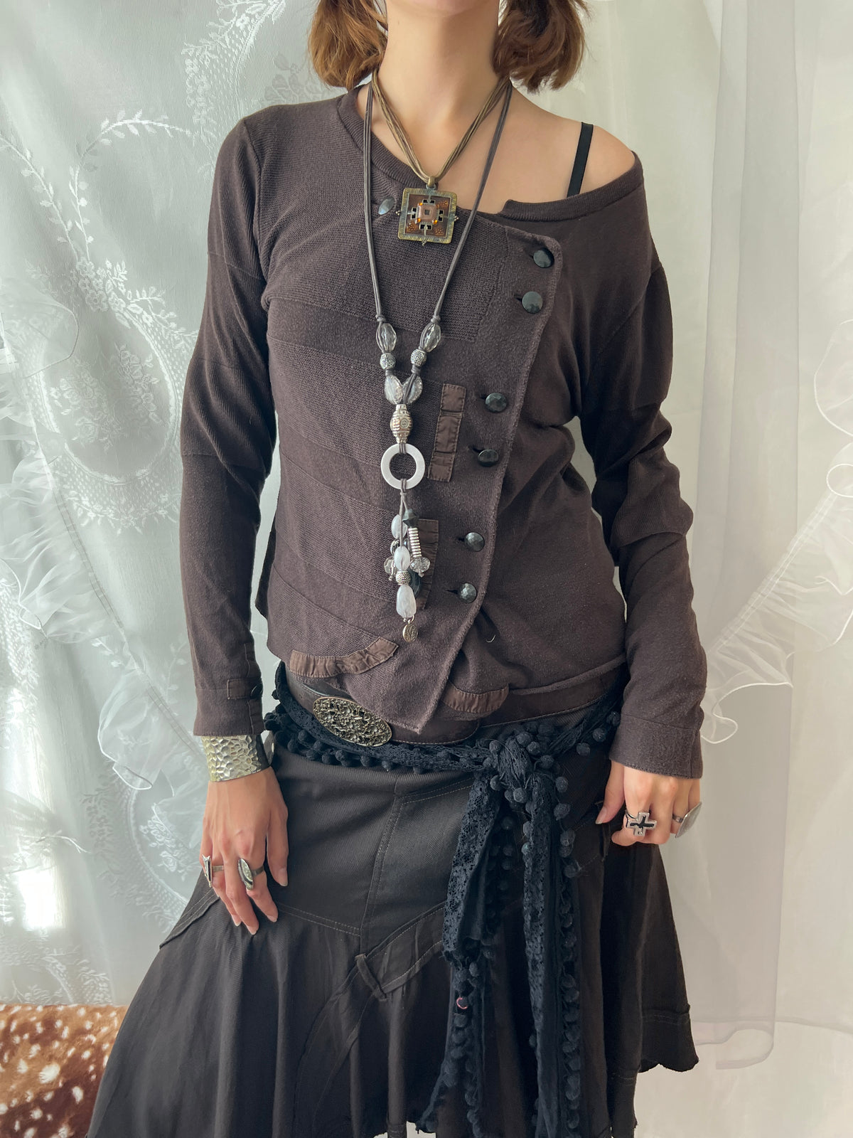 Brown off the shoulder/asymmetrical long sleeve top with button details
