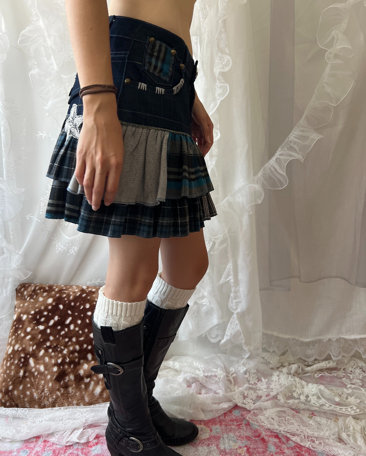 Desigual patchwork denim skirt with plaid and pleated details