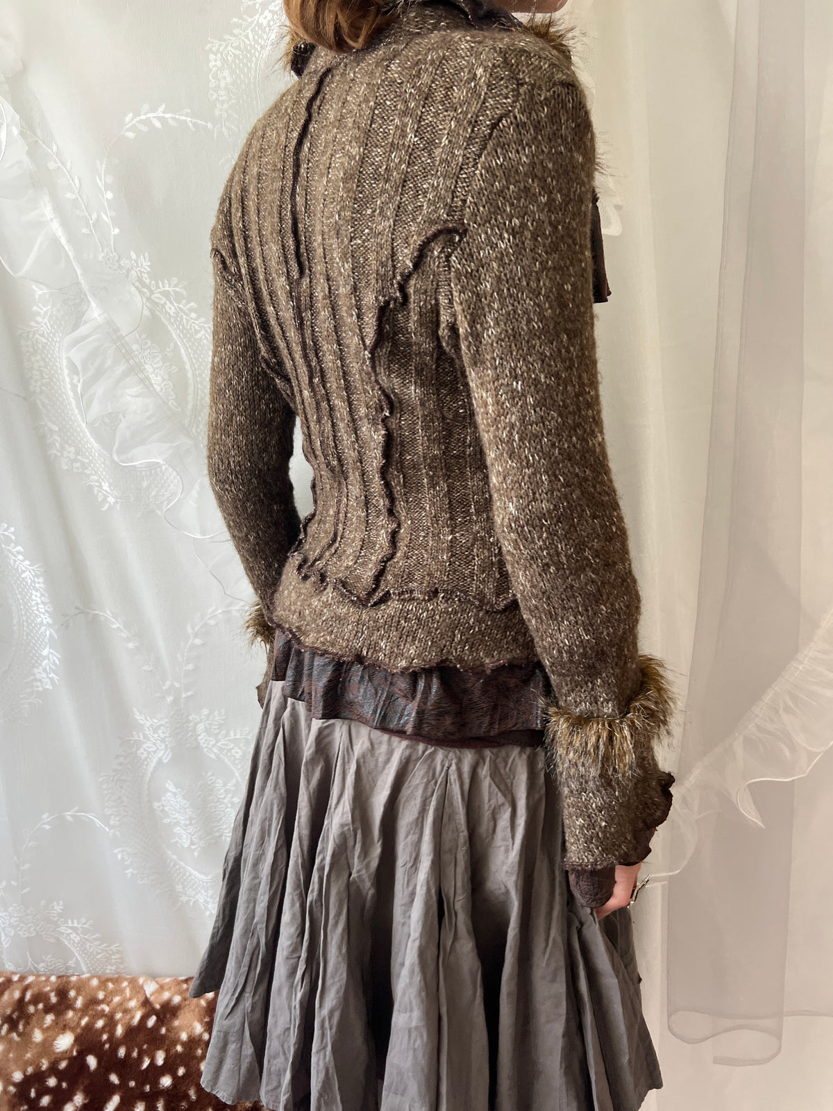 Vintage brown faux fur patchwork knit jacket