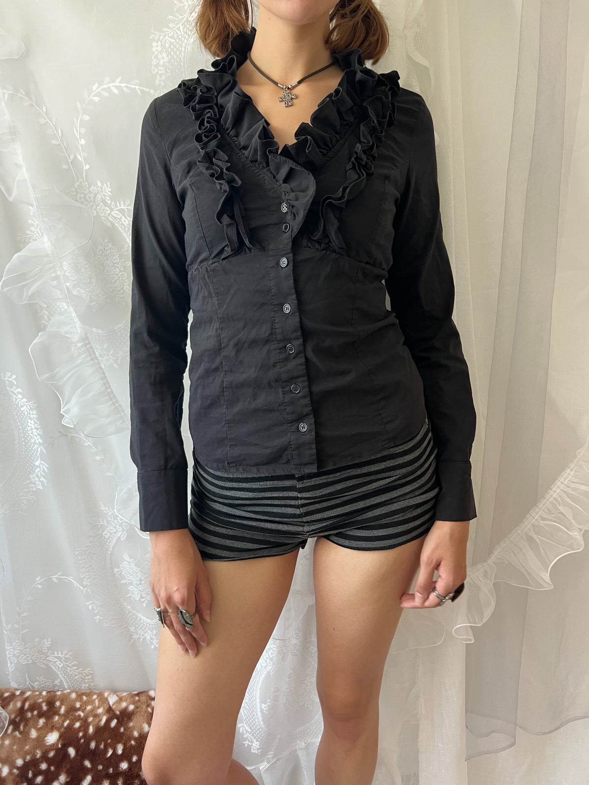 Black ruffle blouse with button up front and long sleeves