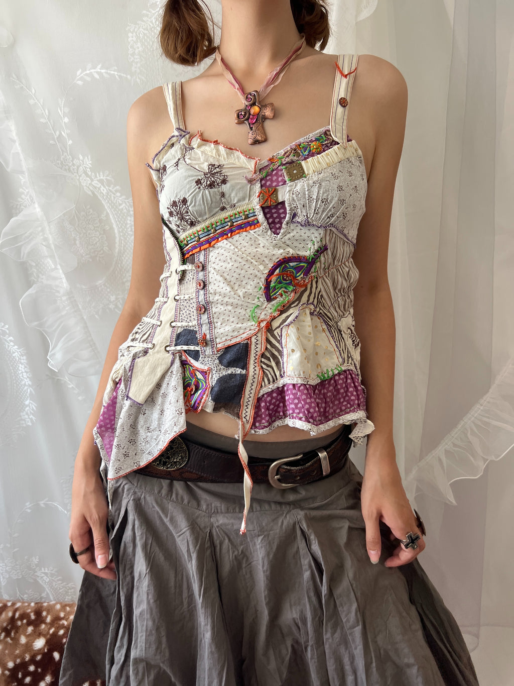 Fairy core patchwork asymmetrical tank top with ruffles and tie up detail