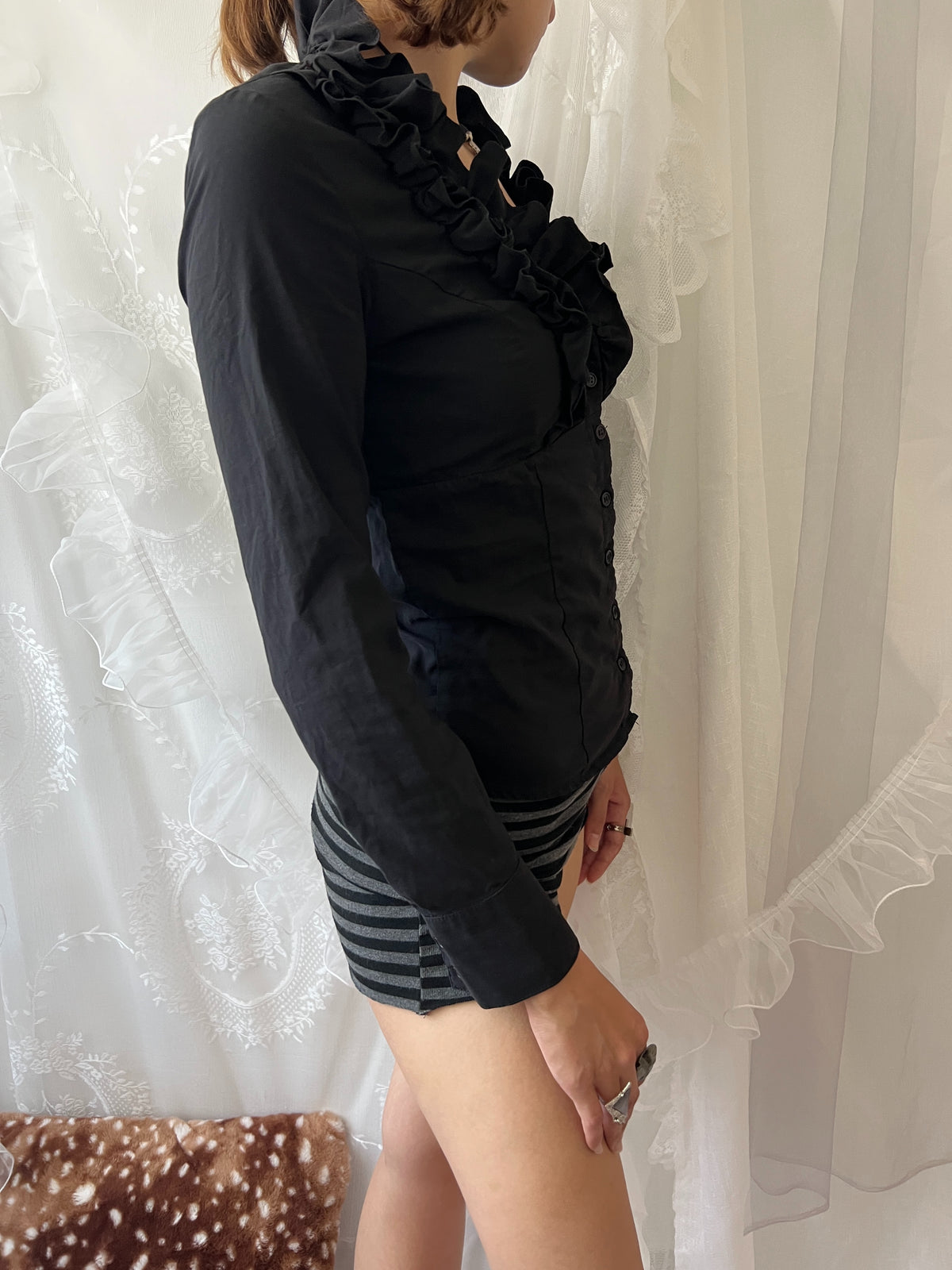Black ruffle blouse with button up front and long sleeves