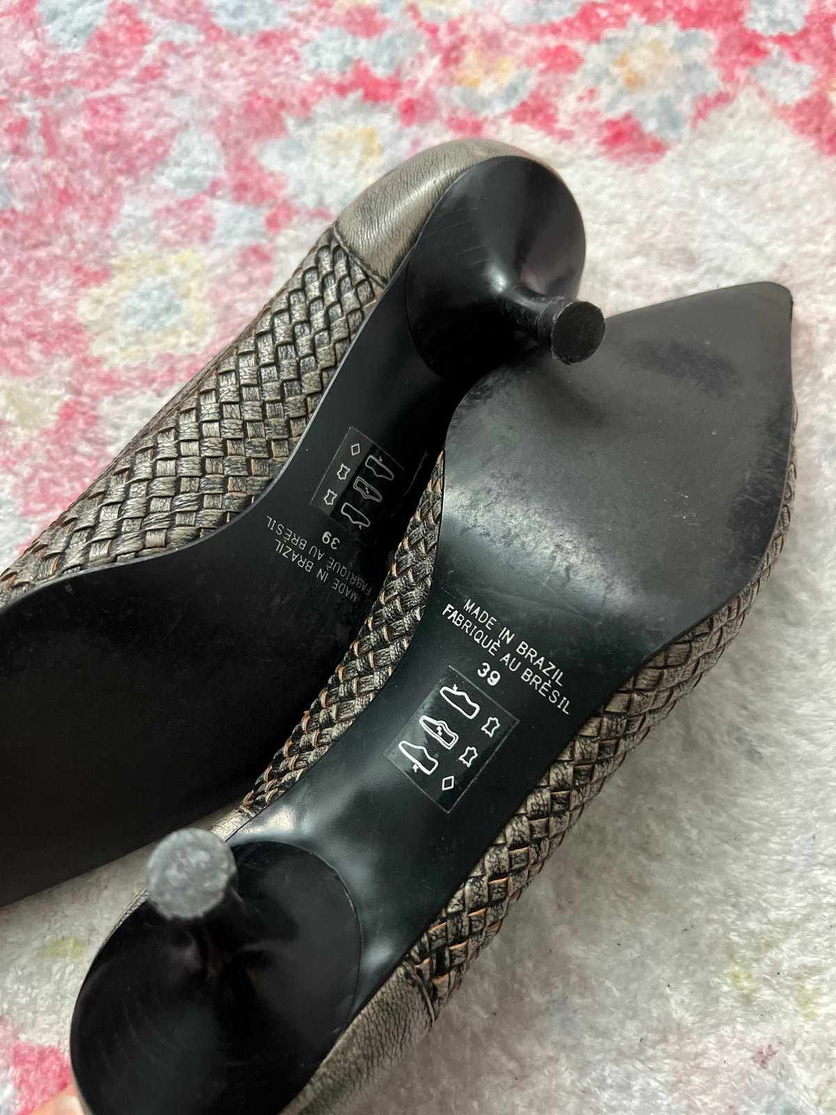 Grey snake skin kitten heels with flower detail