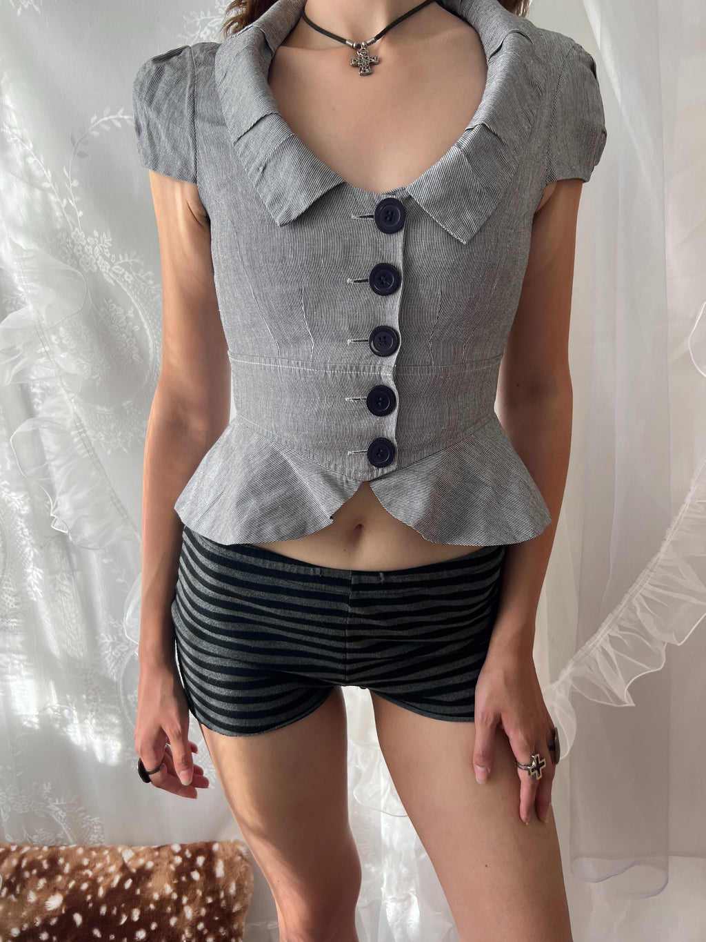 Y2K grey button up blazer jacket with ruffle details