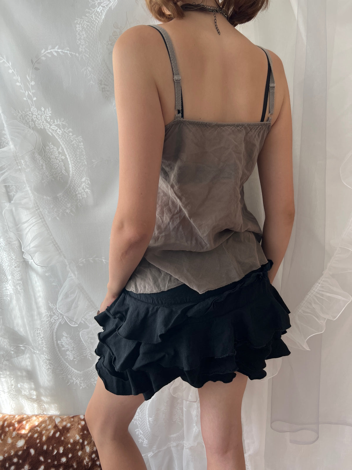 Brown ruffled tank top with adjustable straps