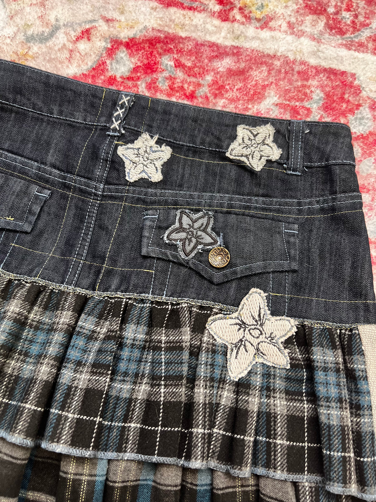 Desigual patchwork denim skirt with plaid and pleated details
