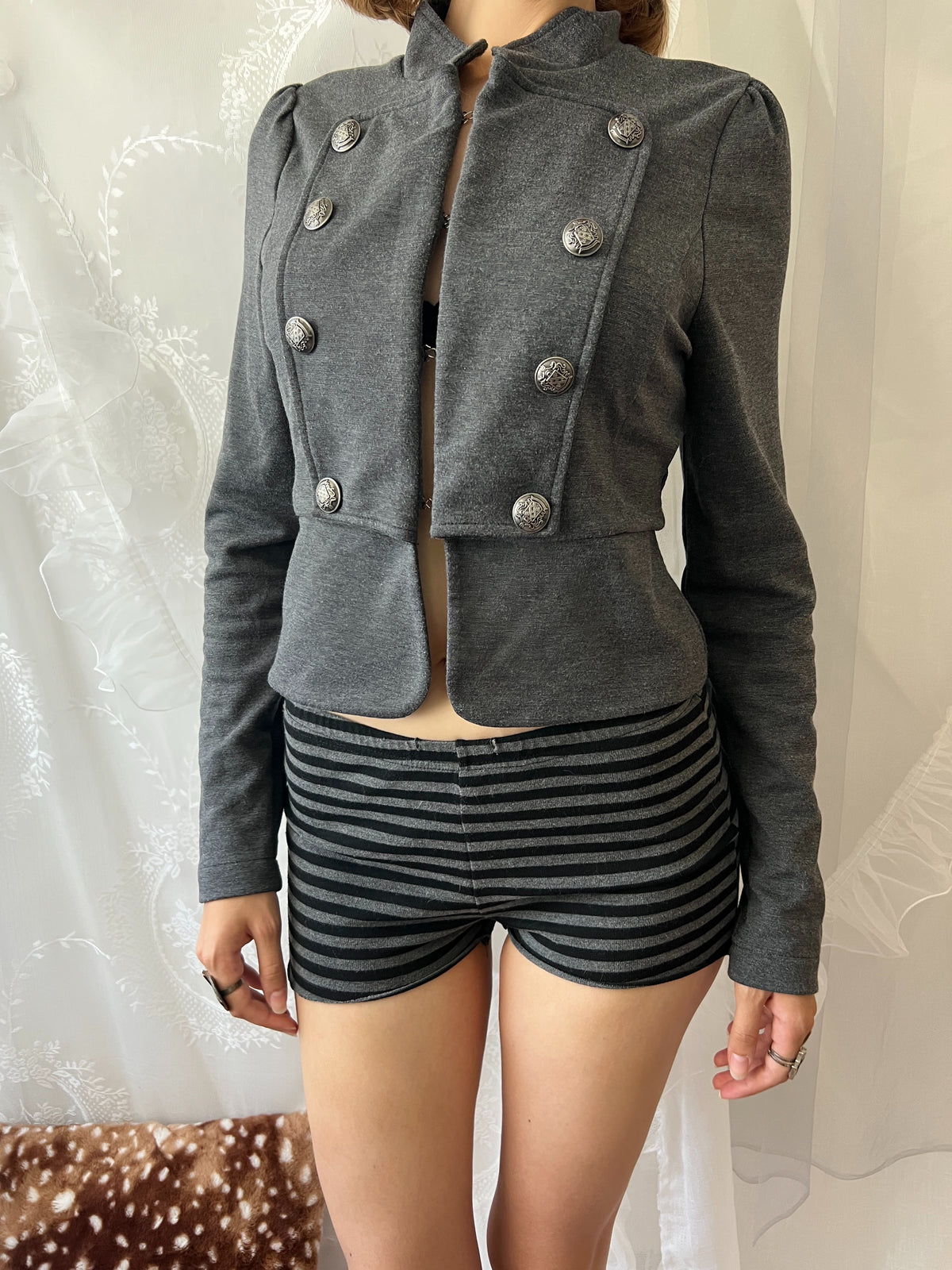 Y2K grey military style jacket with double breasted front and silver buttons