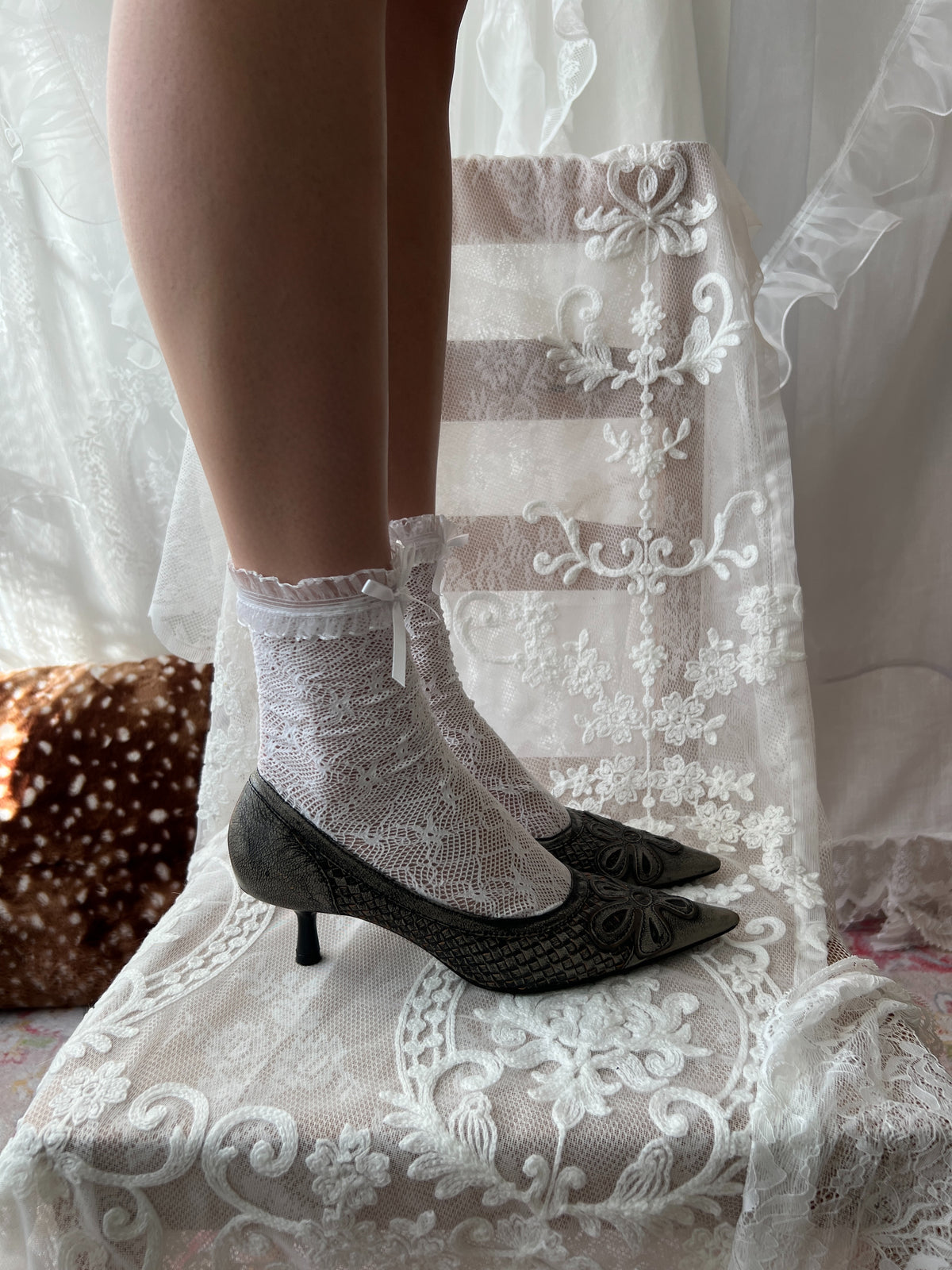 Grey snake skin kitten heels with flower detail