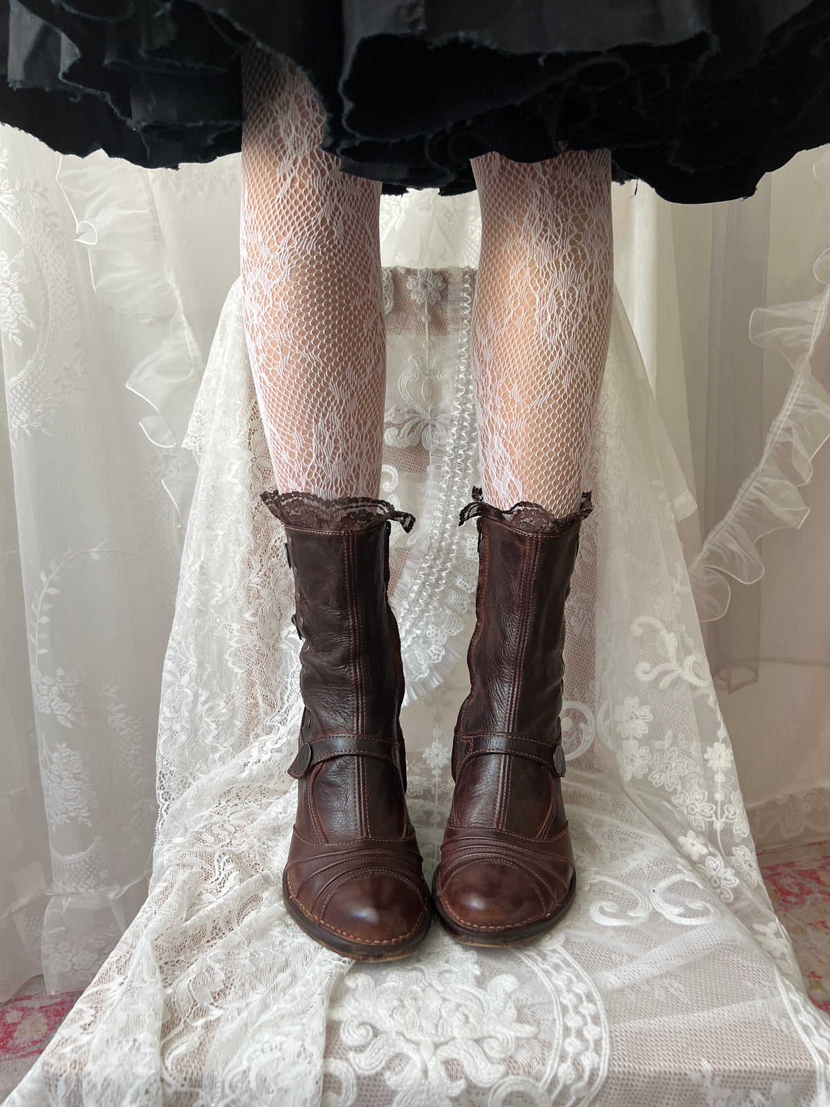 Brown Art leather lace up boots with a gothic vibe