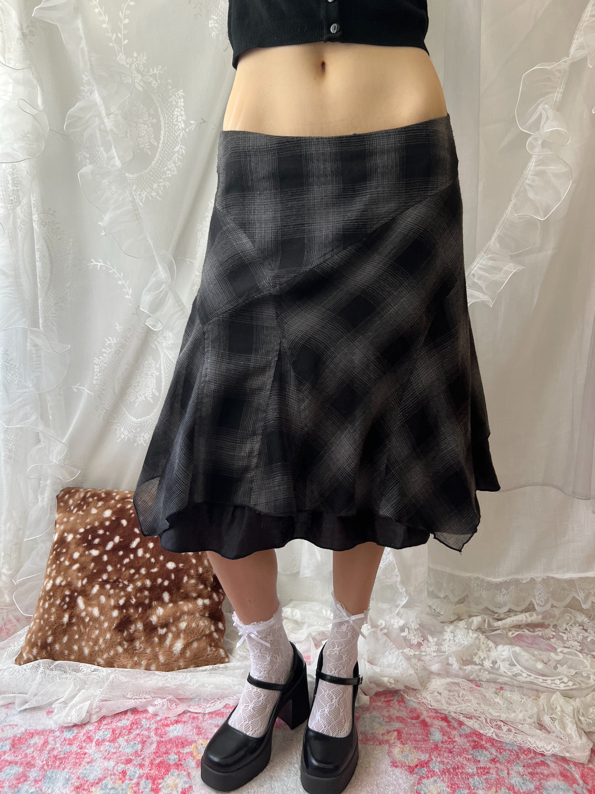 Black & grey plaid midi skirt with ruffles and a flowy hem