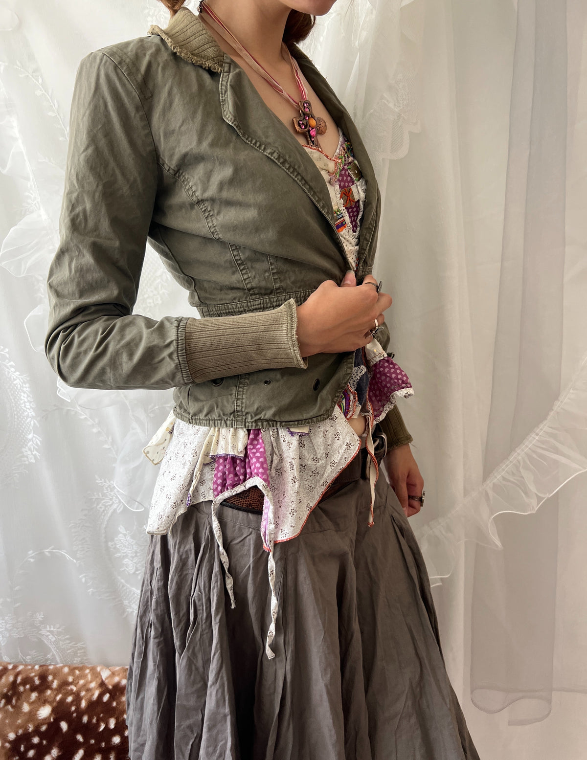 Khaki green jacket with floral embroidery