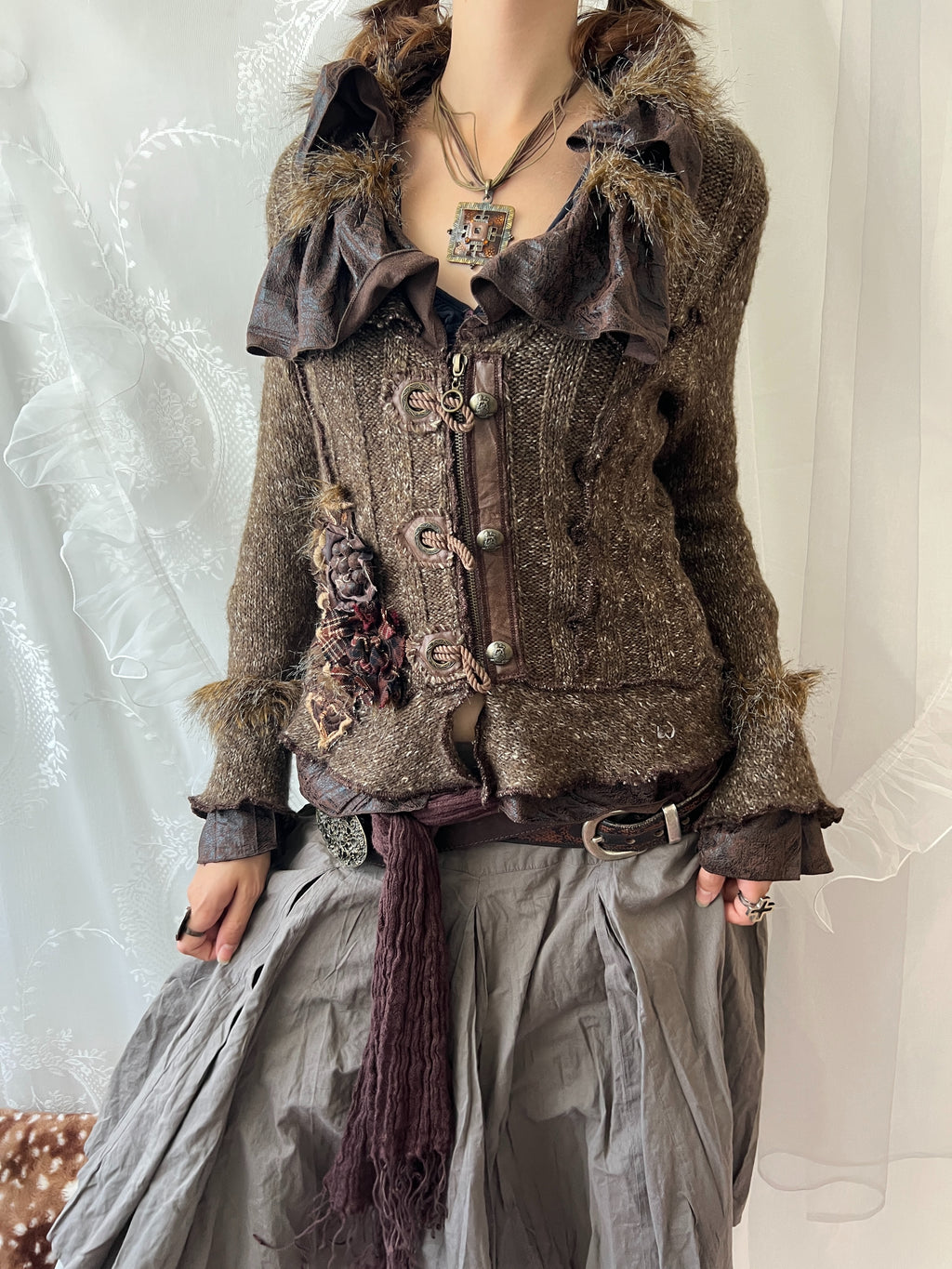 Vintage brown faux fur patchwork knit jacket