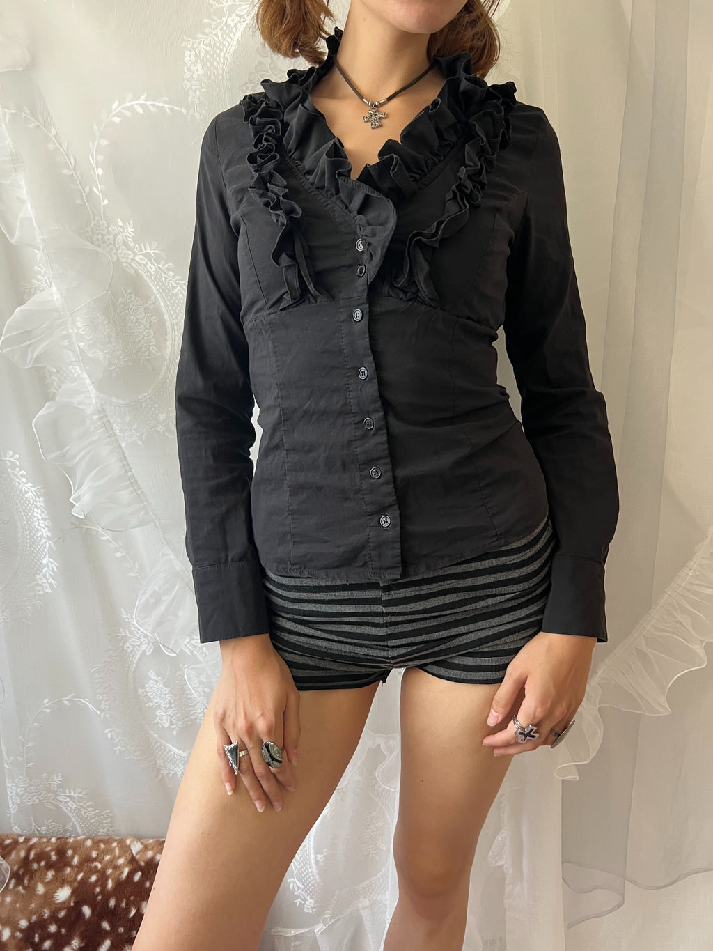 Black ruffle blouse with button up front and long sleeves