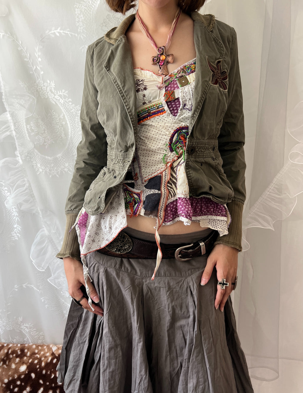 Khaki green jacket with floral embroidery