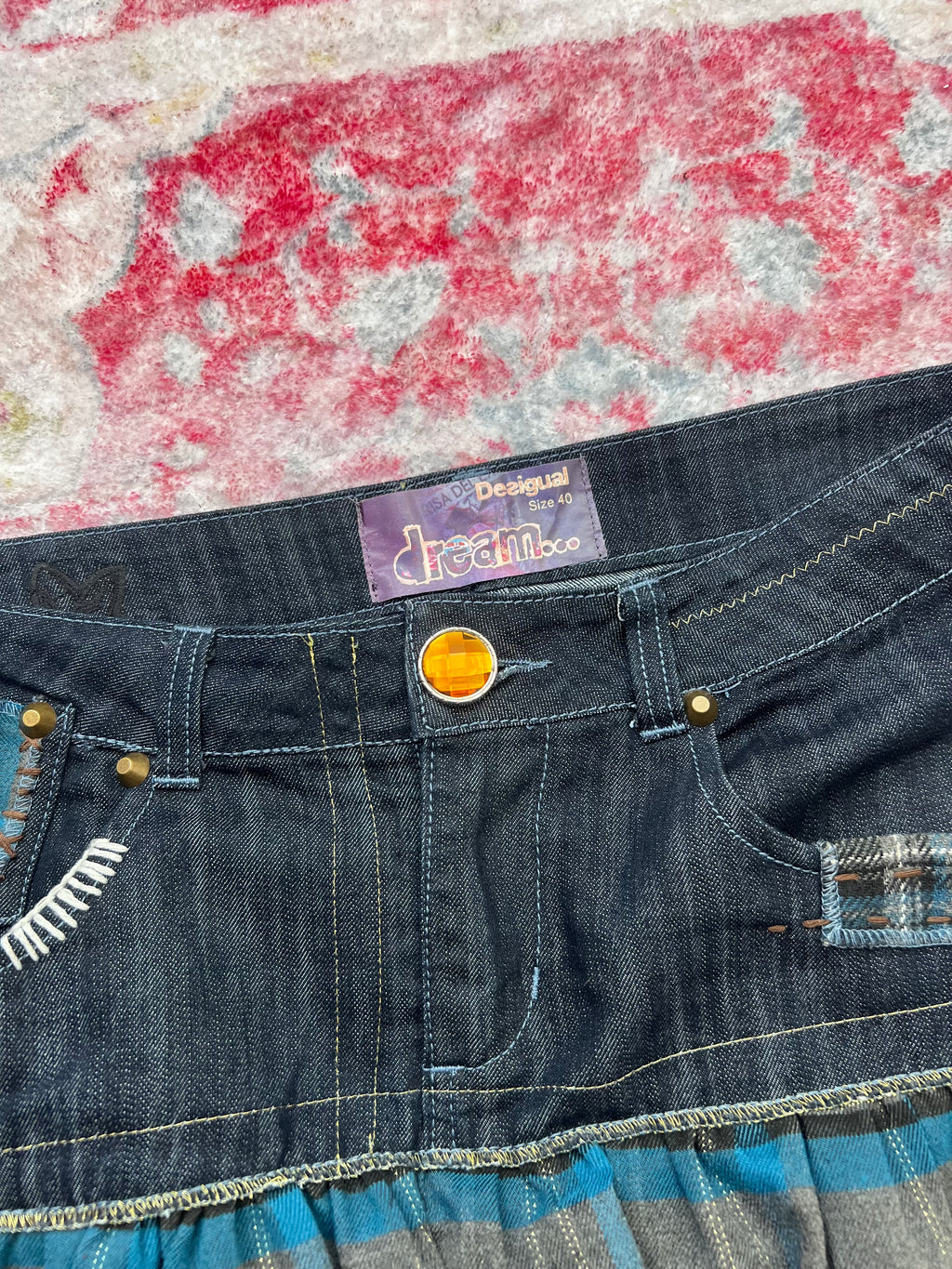 Desigual patchwork denim skirt with plaid and pleated details