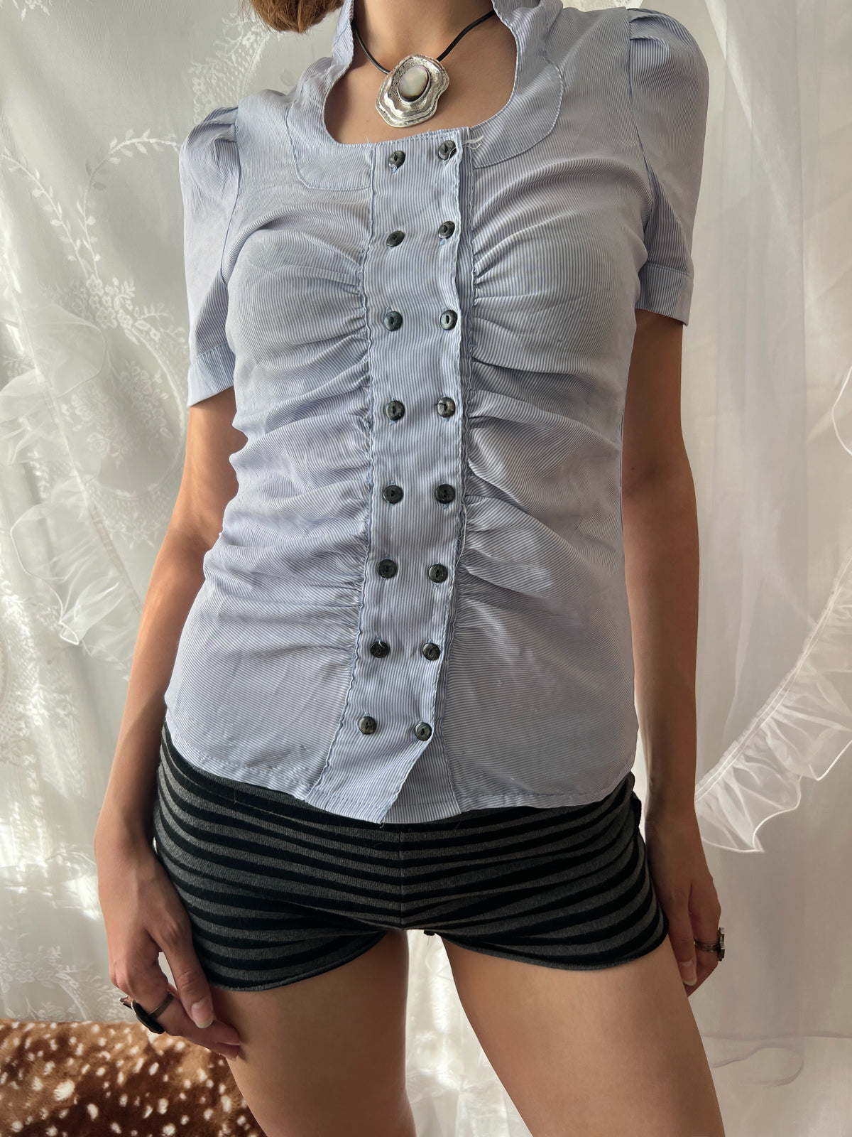 Vintage blue button up top with ruched detailing