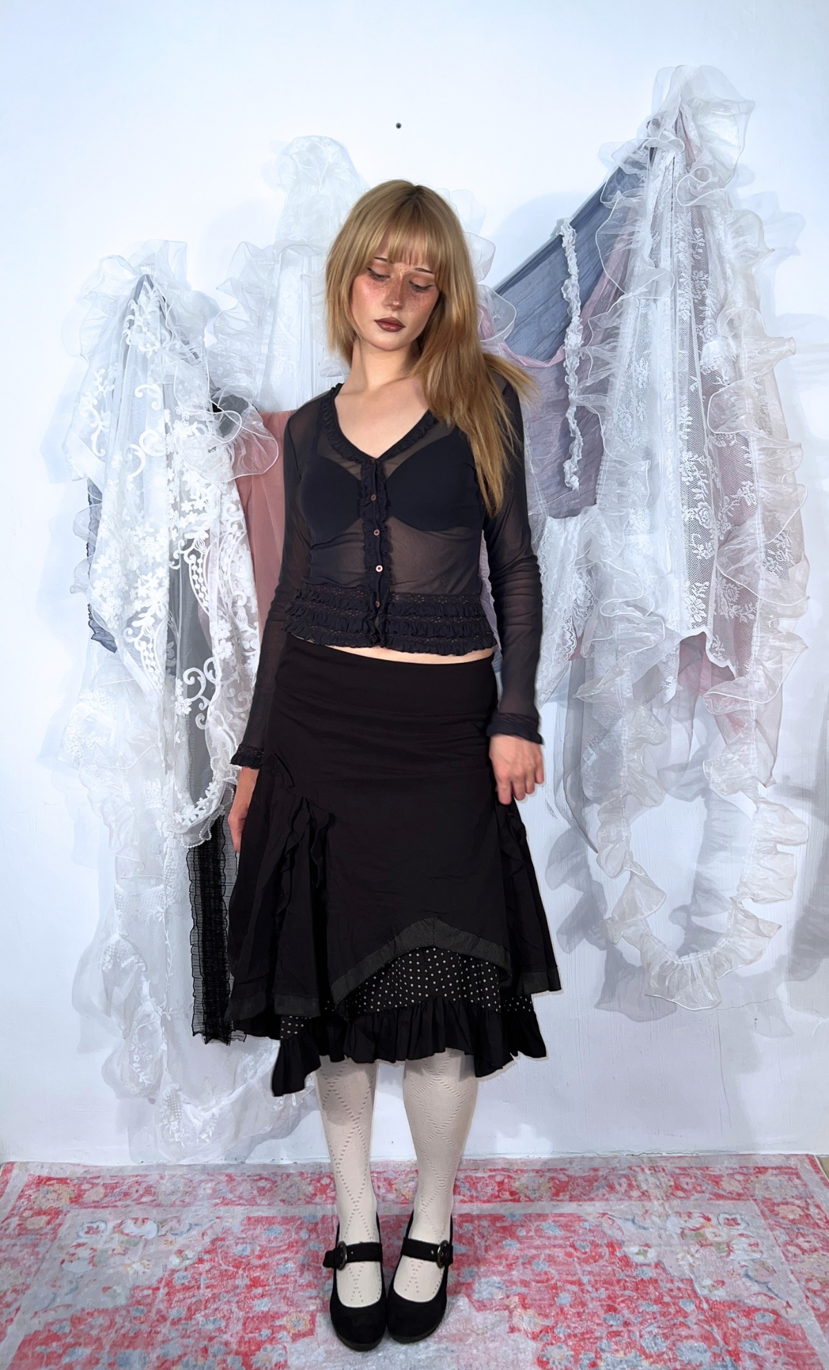 DARK BLUE SHEER RUFFLED CARDIGAN