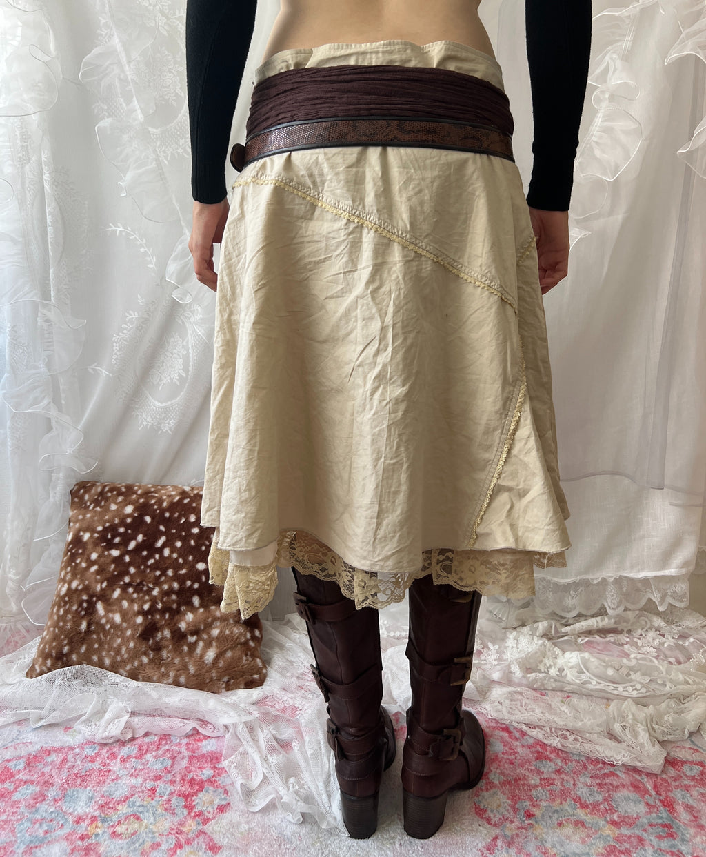 Cream fairy midi skirt with lace trim and rhinestone-flower details