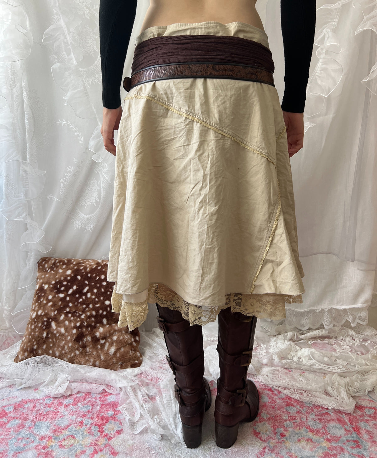 Cream fairy midi skirt with lace trim and rhinestone-flower details