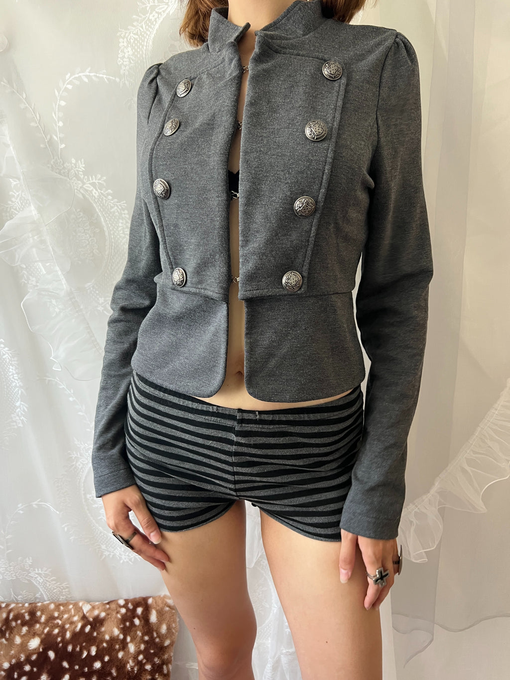 Y2K grey military style jacket with double breasted front and silver buttons
