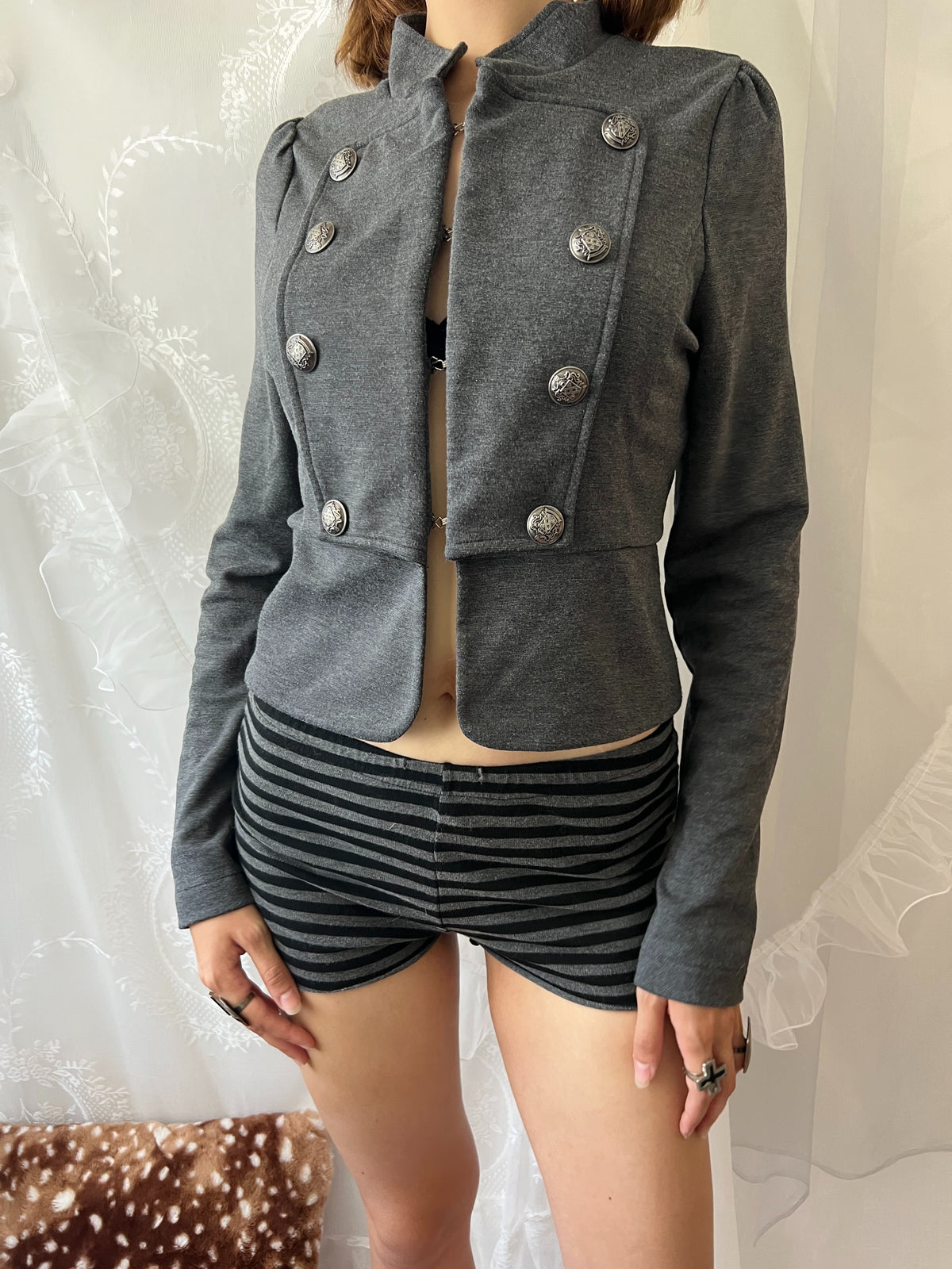 Y2K grey military style jacket with double breasted front and silver buttons