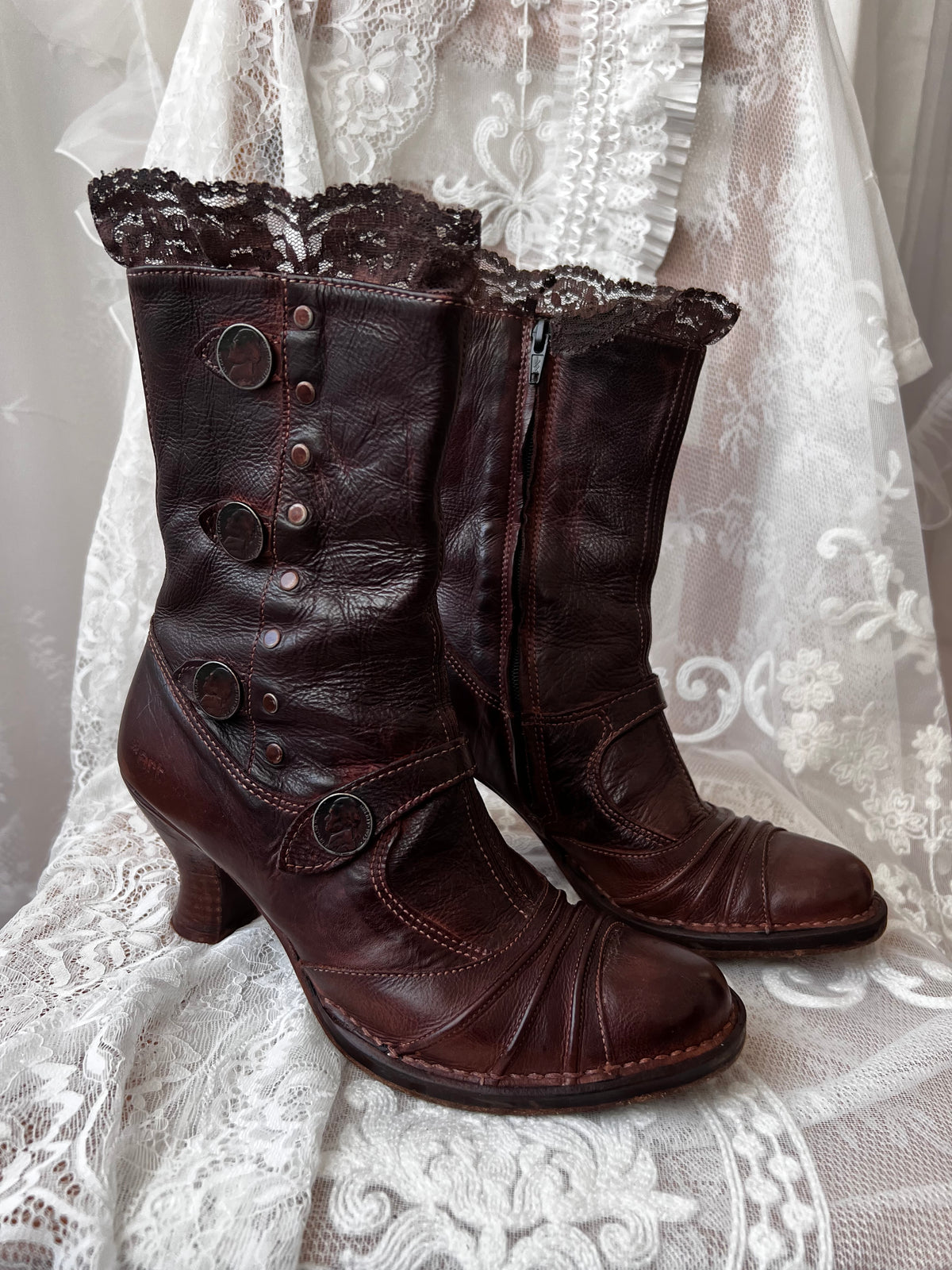 Brown Art leather lace up boots with a gothic vibe