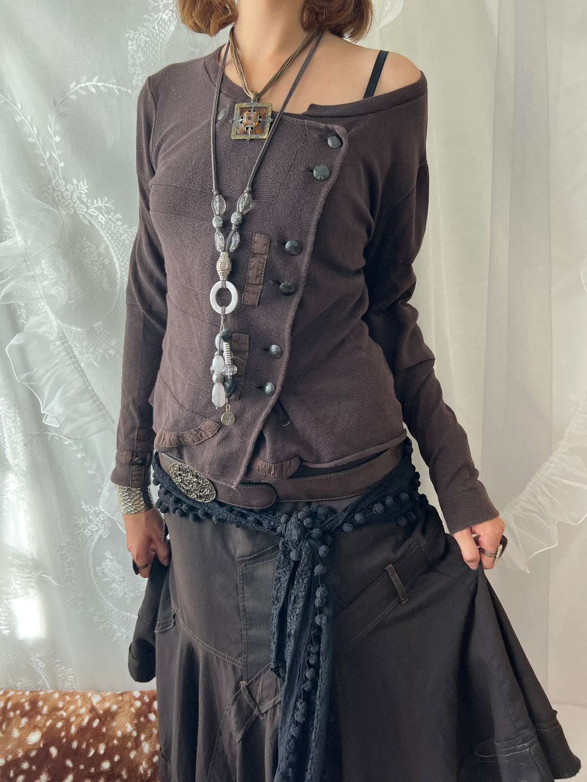 Brown off the shoulder/asymmetrical long sleeve top with button details