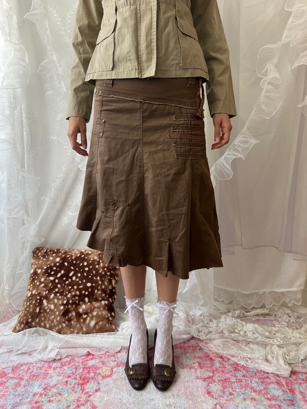 Alcott brown cargo asymmetrical skirt with ruffles