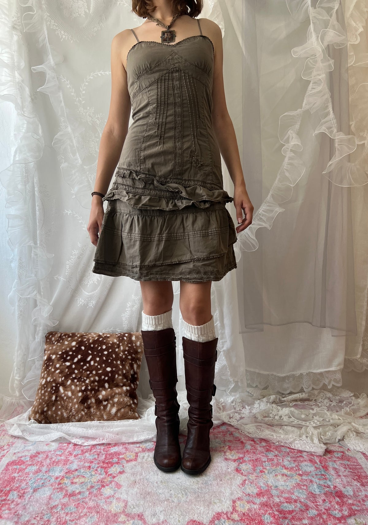 Khaki green mini dress with ruffles