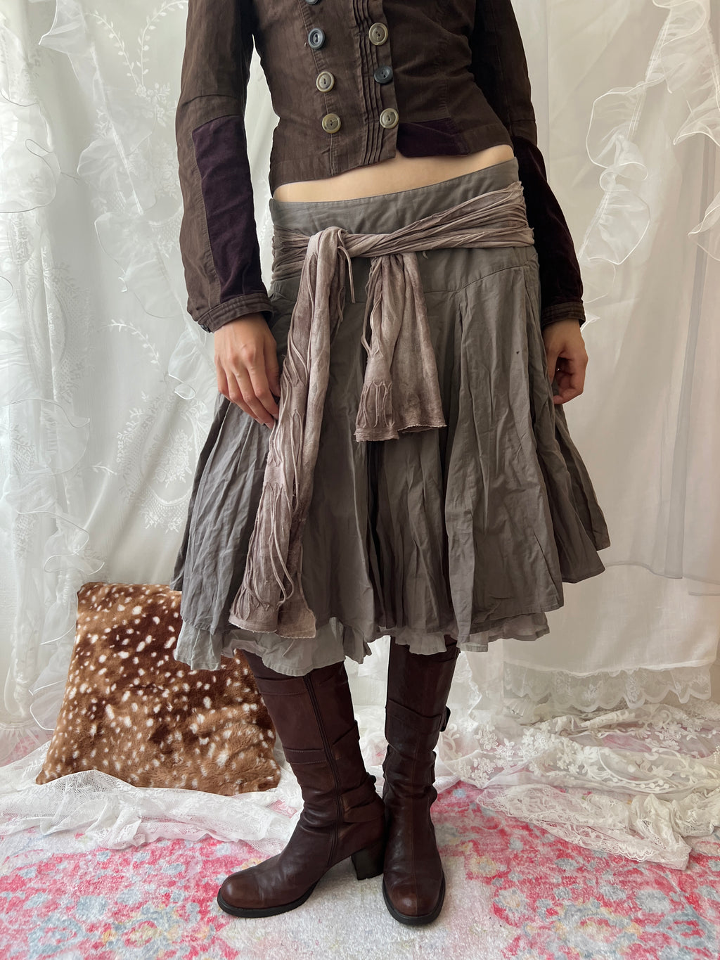 Brown pleated midi skirt with ruffle trim