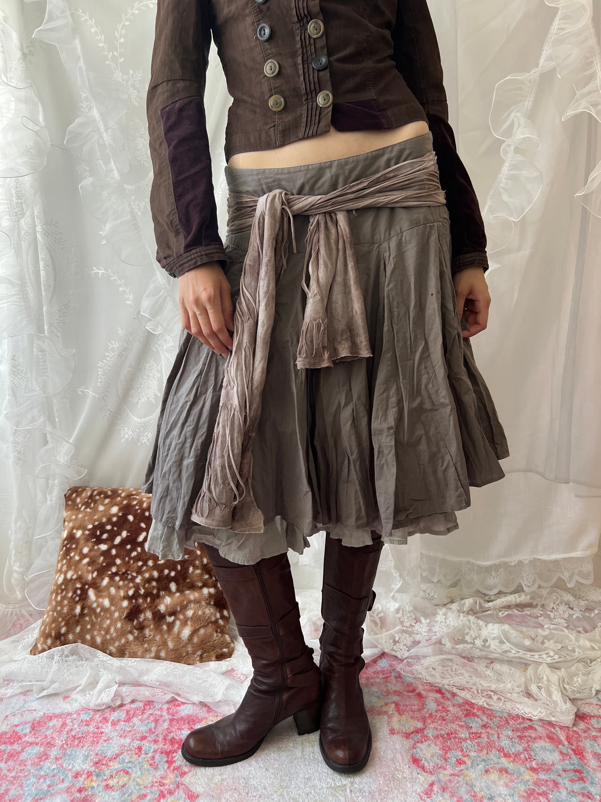 Brown pleated midi skirt with ruffle trim