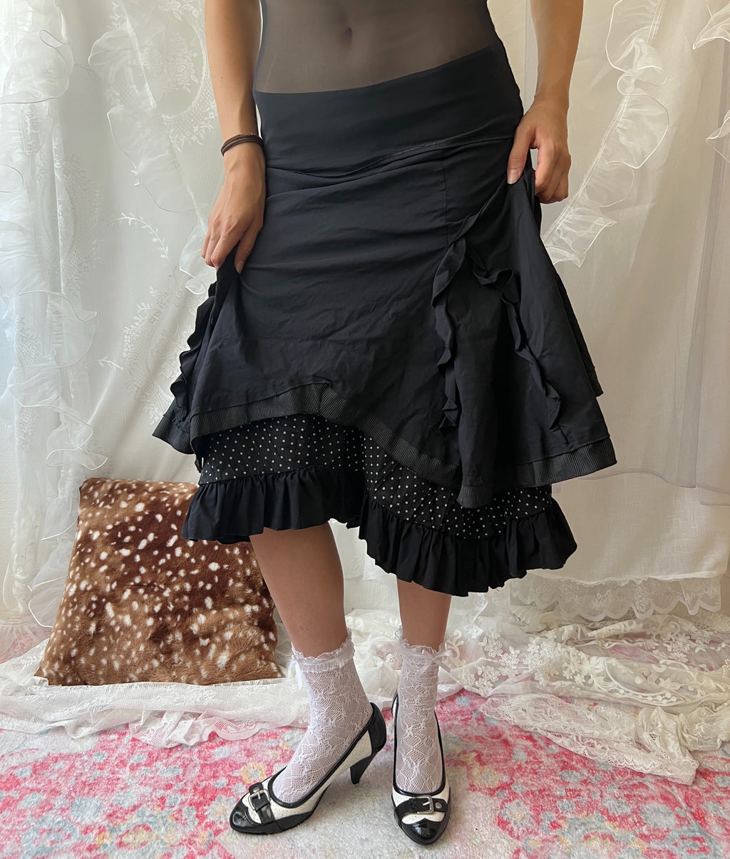 Black layered midi skirt with ruffles and polka dots