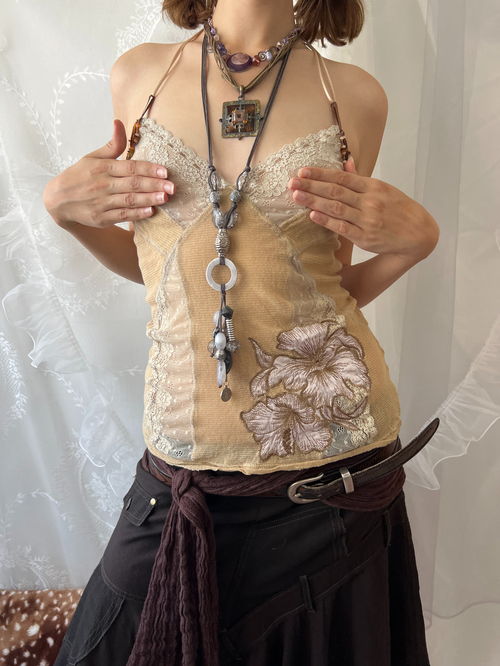 Y2K cream lace cami halter top with floral embroidery and beaded straps