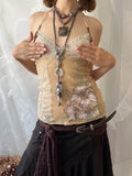 Y2K cream lace cami halter top with floral embroidery and beaded straps