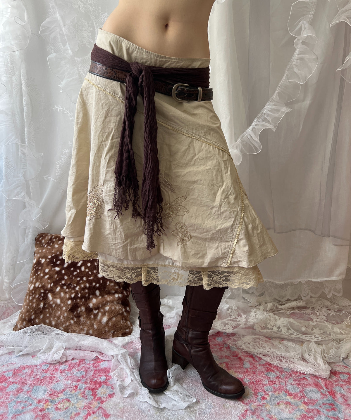 Cream fairy midi skirt with lace trim and rhinestone-flower details