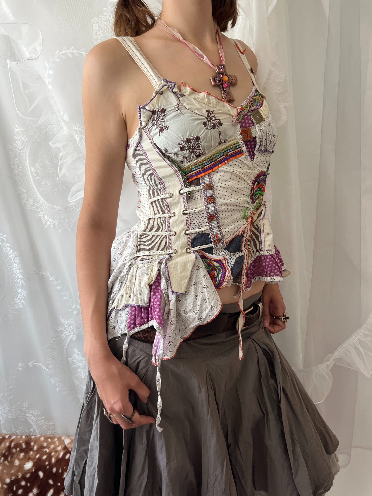 Fairy core patchwork asymmetrical tank top with ruffles and tie up detail