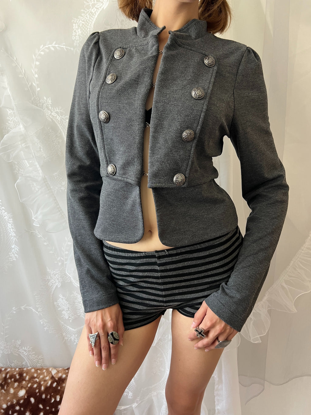 Y2K grey military style jacket with double breasted front and silver buttons