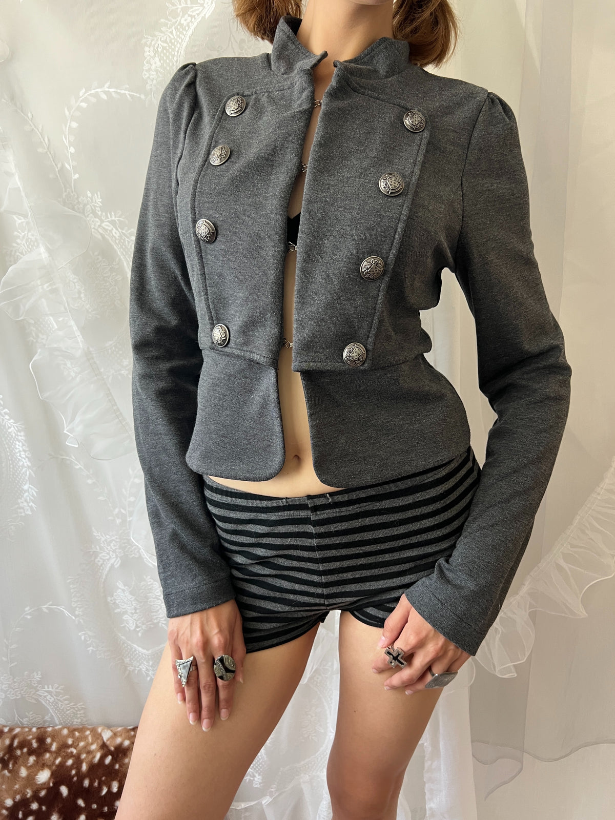 Y2K grey military style jacket with double breasted front and silver buttons